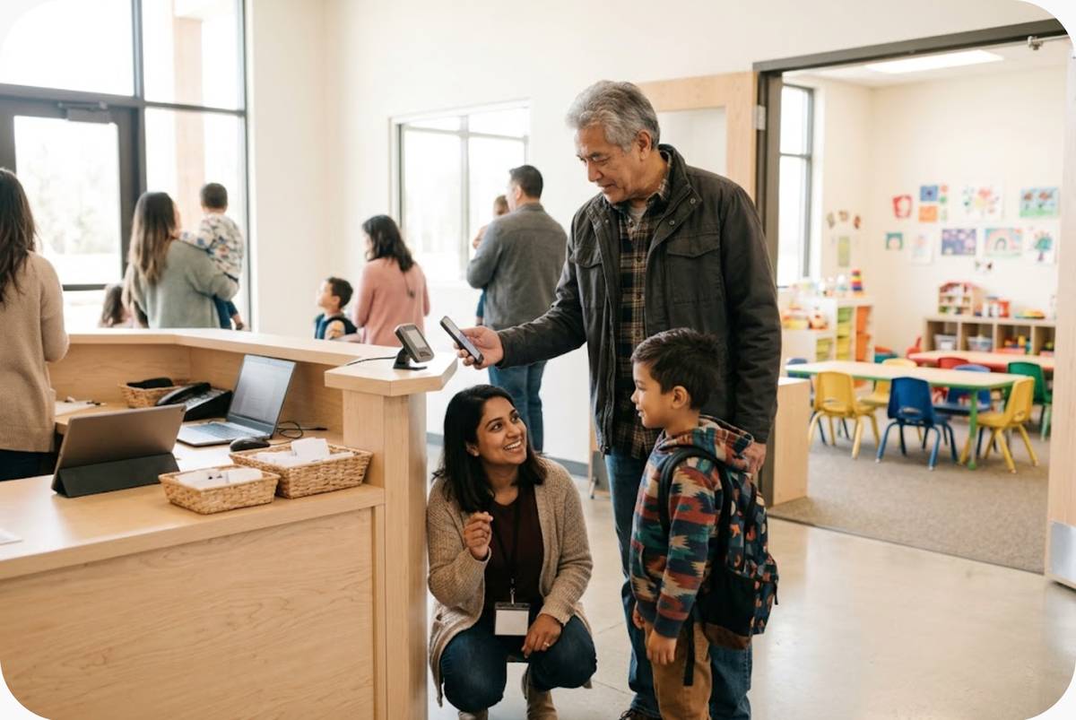 At a church welcome desk, a volunteer kneels to greet a young boy while an older man holds up his phone.