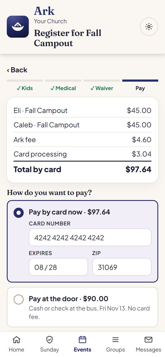 The payment screen
